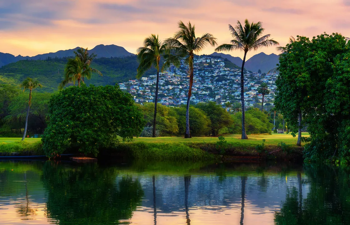Ala Wai Golf Course in Honolulu at sunset