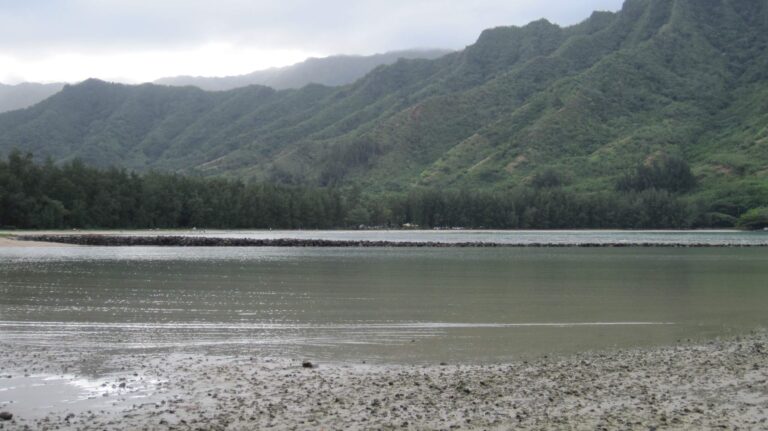 The rock wall of Huilua Fishpond across the water with the Koʻolau slopes behind