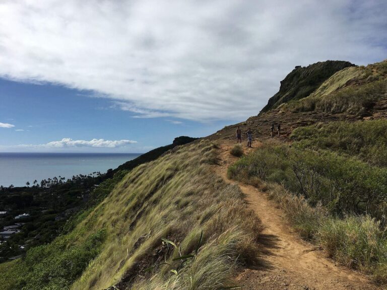 Dirt path along the open Kaʻiwa Ridge with Lanikai rooftops below