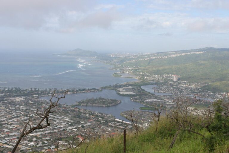 The view west from the Koko Crater summit over Koko Marina and Hawaiʻi Kai toward Diamond Head