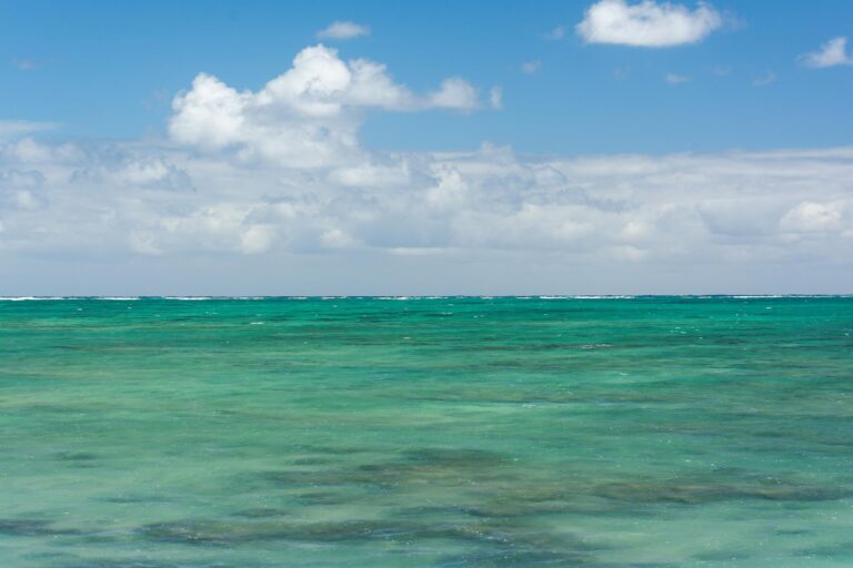 Green water off Kualoa Regional Park with the reef line breaking on the horizon