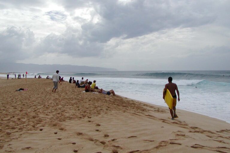 People sitting on the sand watching surfers and a breaking wave on a North Shore beach