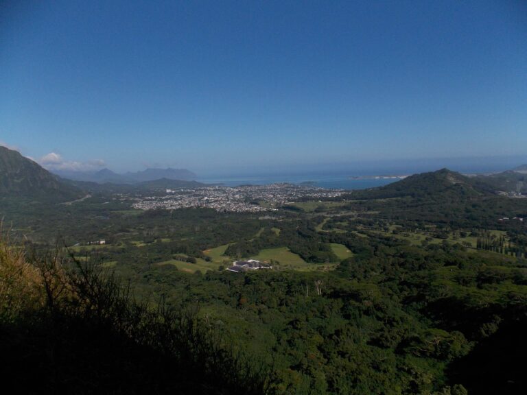 Kāneʻohe and the bay below the cliffs, seen from Nuʻuanu Pali State Wayside