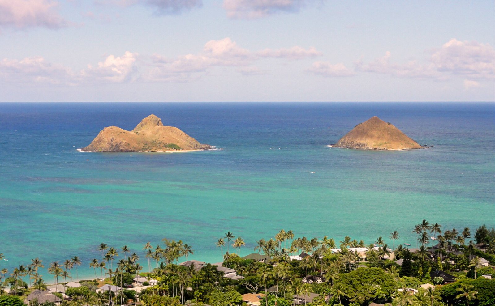 The Mokulua Islands over Lanikai's palm line, seen from the Lanikai Pillbox ridge