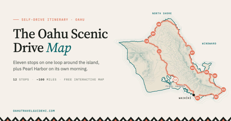 The Oahu Scenic Drive Map with numbered stops around the island