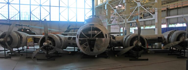 The B-17E Swamp Ghost, with its nose and four engines, in a hangar at the Pearl Harbor Aviation Museum