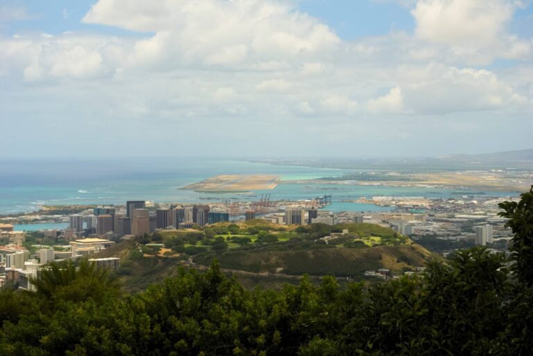 The view from Round Top Lookout toward the Punchbowl crater, downtown Honolulu, the harbor and the airport runway