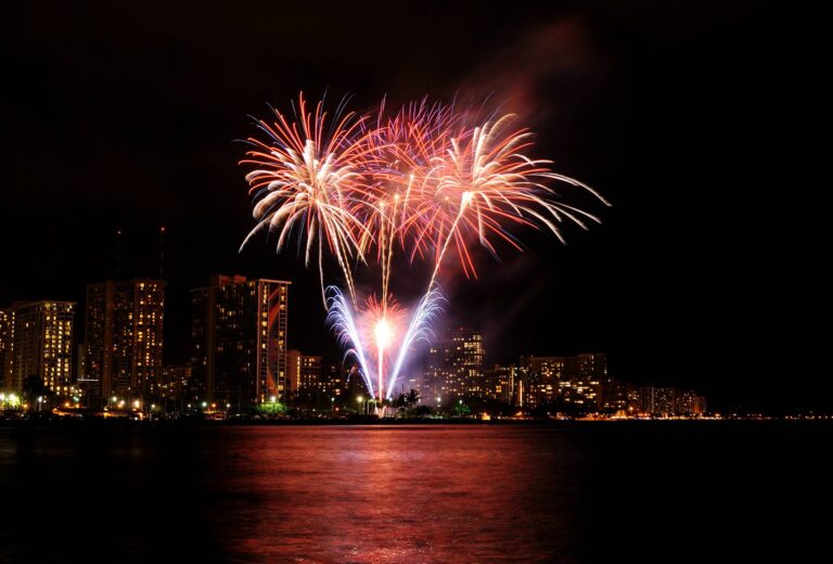 Hilton Hawaiian Village’s Friday fireworks reflected in the water off Waikiki
