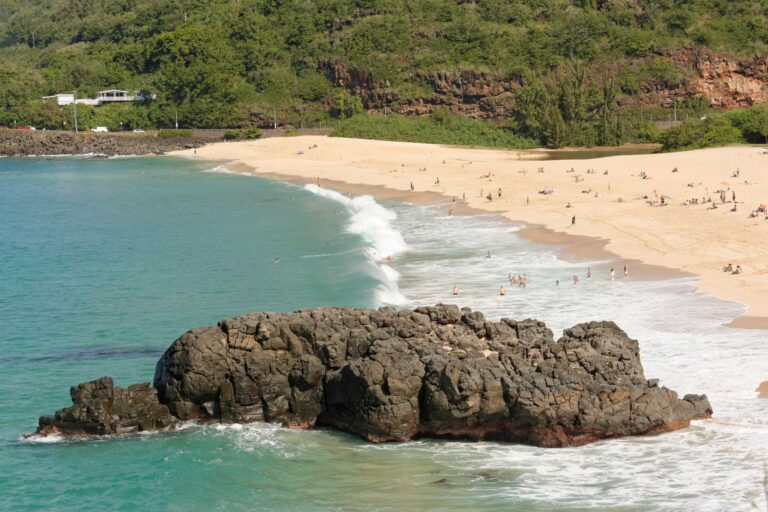 The black lava rock at Waimea Bay Beach Park above turquoise water, with swimmers on the sand behind it